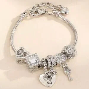 Silver Charm Heart Key Bracelet